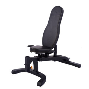 The Powertec Utility Bench is a black adjustable weight bench, featuring a cushioned seat and backrest on a robust metal frame. With its reclining feature, it suits various exercises, all showcased against a plain white background.