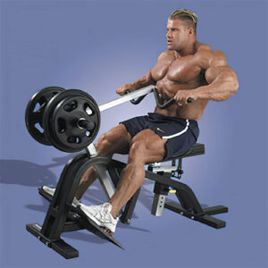 A muscular man in shorts expertly uses the Powertec Leverage Low Row machine, stacking several weight plates. The solid blue background emphasizes his focused workout.