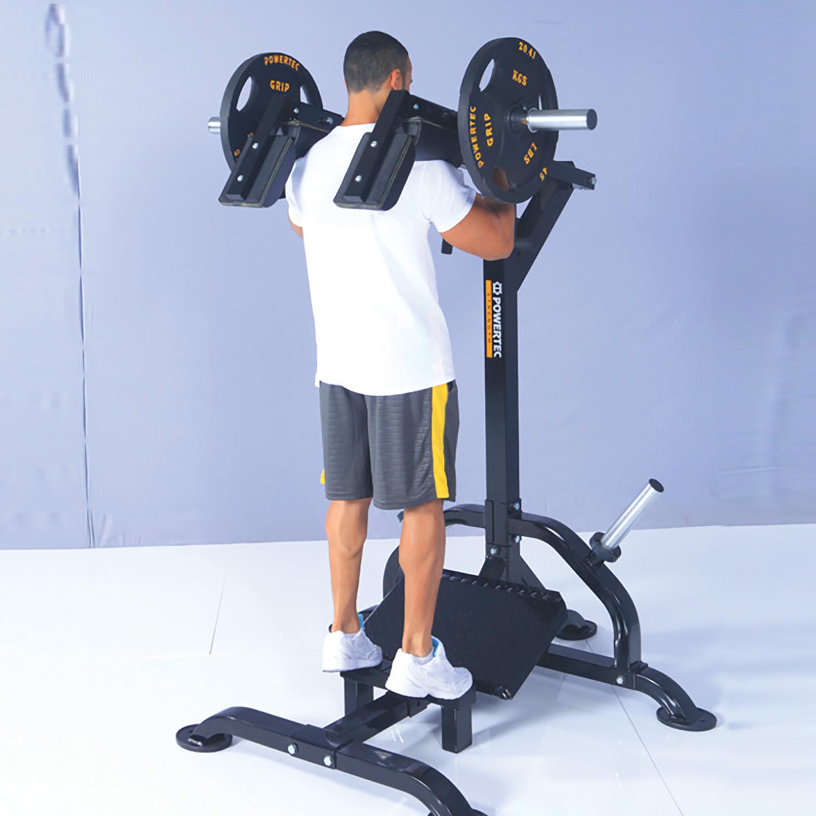 Standing calf raise on the Powertec Leverage Squat. 