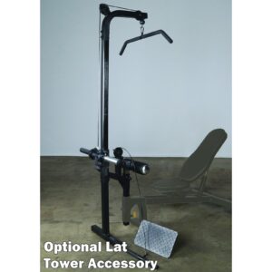 A Powertec Lat Tower Accessory with a pulley system and a V-shaped handle is shown in front of a bench. The text in the image reads Optional Lat Tower Accessory. The background is a plain, light-colored wall and floor.
