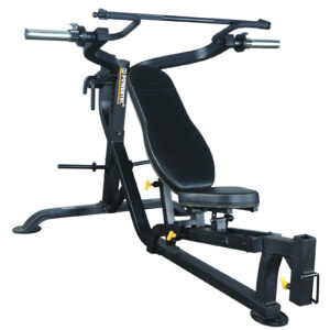The Powertec Workbench Multi Press is a black and silver incline chest press machine with a padded seat and backrest, adjustable levers, and weights attachment. Its ideal for upper body strength training.