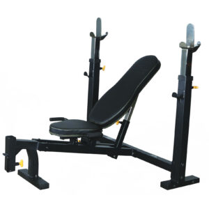 A black adjustable weight bench, the Powertec Olympic Bench Press, features a padded seat and backrest. Equipped with barbell holders on both sides, its set on a sturdy metal frame. The bench is expertly positioned at an incline for optimal strength training.