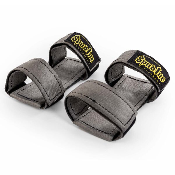 The Spud Inc 5R Barbell Shield is a pair of gray padded wrist support straps featuring black Velcro closures and yellow branding, ideal for weightlifting or fitness activities.