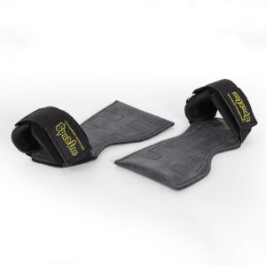 The Spud Inc The Gripazz are black wrist straps with yellow stitching, designed for weightlifting. They feature a padded section and a hook-and-loop closure to secure around the wrists, displayed on a white background.