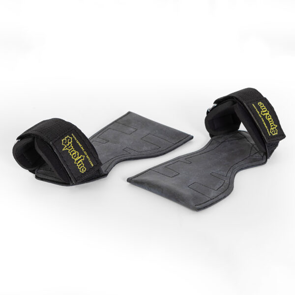 The Spud Inc The Gripazz are black wrist straps with yellow stitching, designed for weightlifting. They feature a padded section and a hook-and-loop closure to secure around the wrists, displayed on a white background.