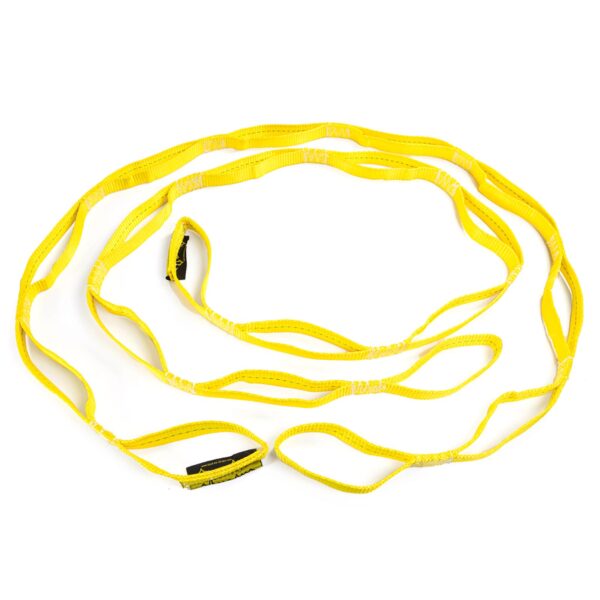 The Spud Pittsburgh Jammer is a long, yellow climbing sling with multiple loops, arranged in a loose circular shape on a white background, featuring black and white stitching details.