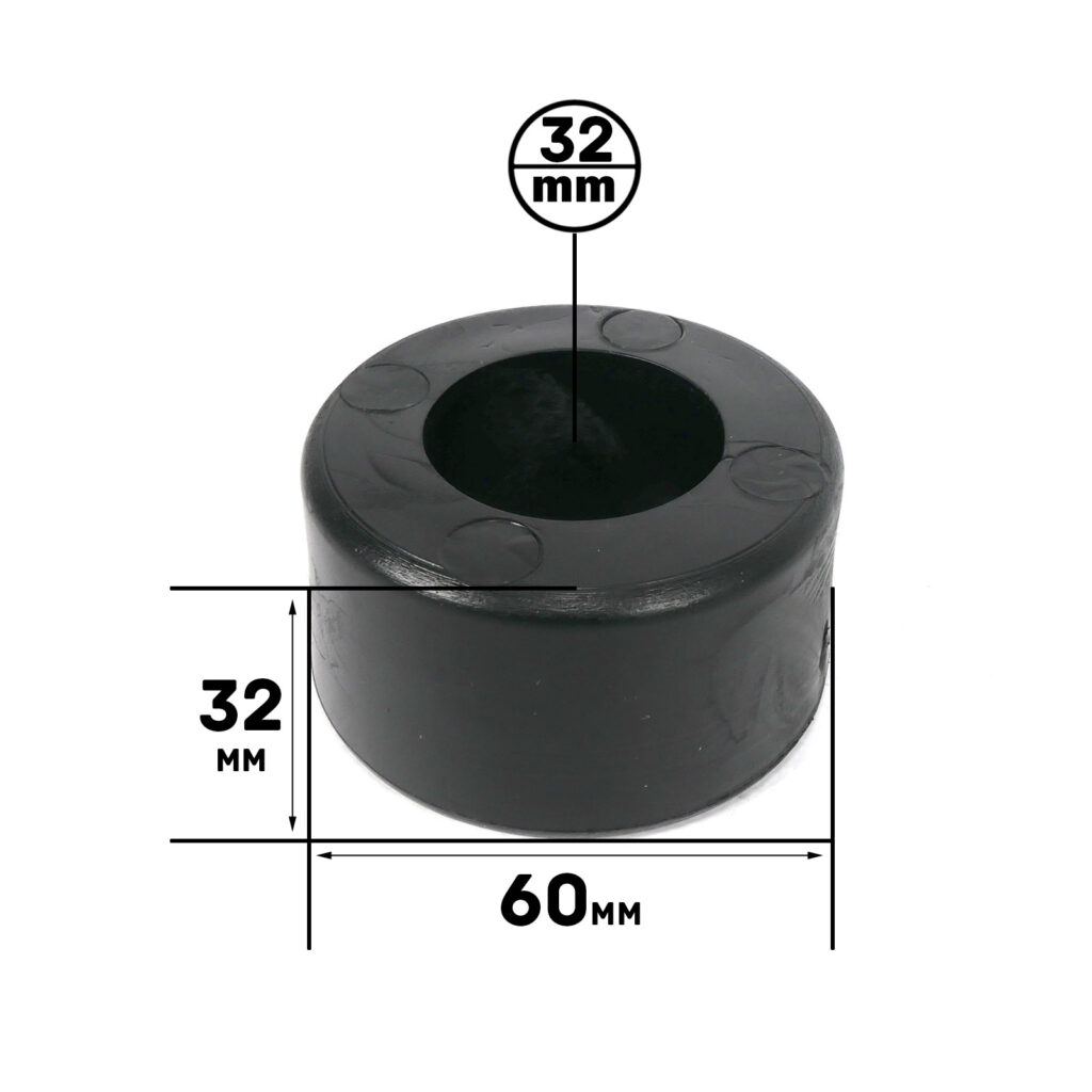 The Gym Rubber Stopper is a black cylindrical object with a height of 32 mm, an outer diameter of 60 mm, and an inner diameter of 32 mm. The image shows dimension labels in black text on a white background.