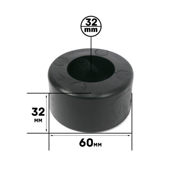 The Gym Rubber Stopper is a black cylindrical object with a height of 32 mm, an outer diameter of 60 mm, and an inner diameter of 32 mm. The image shows dimension labels in black text on a white background.