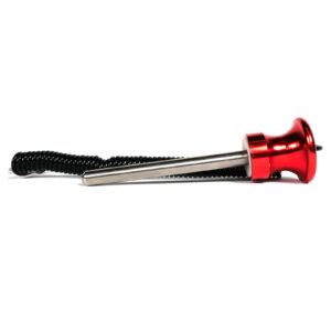 A red Magnetic 8mm x 80mm Aluminum Stack Pin featuring a metallic barrel and coiled black handle, set against a white background.