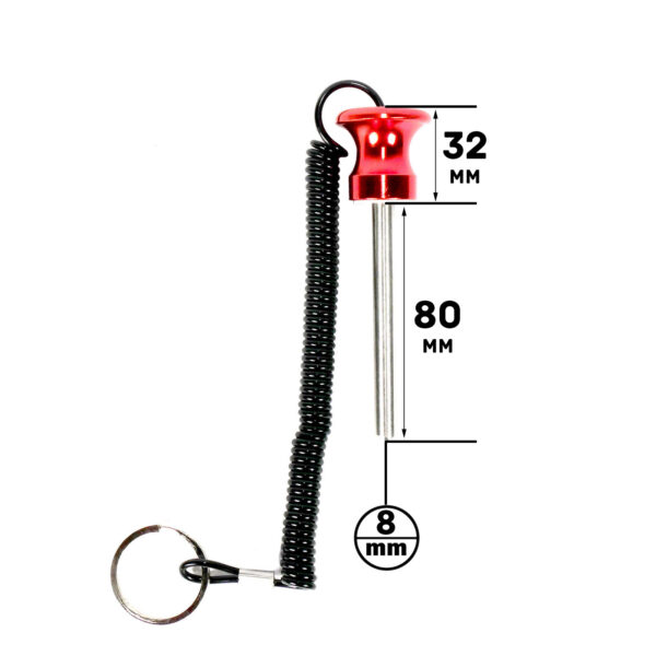 A Magnetic 8mm x 80mm Aluminum Stack Pin featuring a red quick-release mechanism, coil lanyard, and keyring attachment. The pin is 80 mm long with a handle diameter of 32 mm and a shaft diameter of 8 mm.