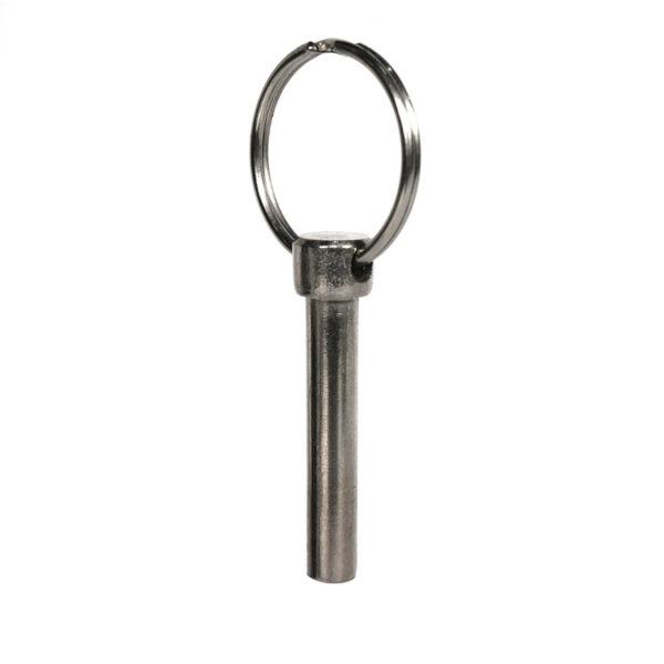 The Locking Pin M6 is a sleek, silver cylindrical quick-release pin with a smooth surface for easy handling, attached to a circular metal key ring.