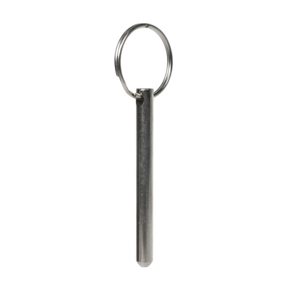 The Locking Pin M6 is a polished, compact, silver cylindrical metal keychain tool with a top ring, designed as a self-defense kubaton for easy carrying.