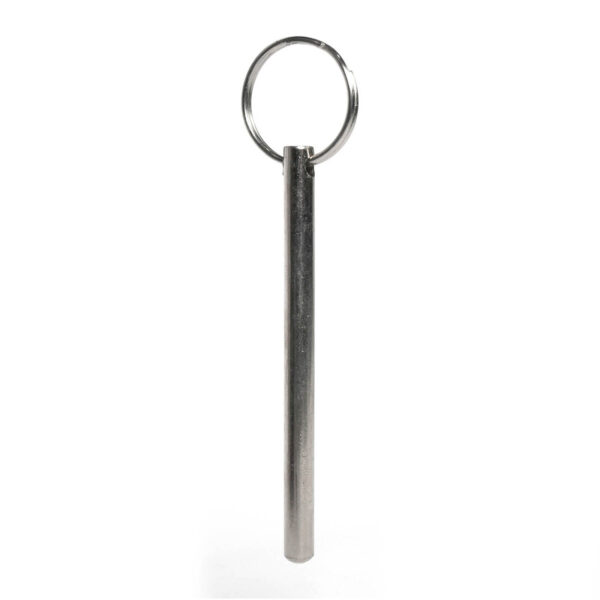 The Locking Pin M6 is a sleek, silver metal keychain with a long cylindrical design and a simple loop for attaching keys. Its shiny surface and minimalistic style stand out against the plain white background.