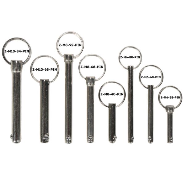 A set of seven Locking Pin M10s with top loops, labeled Z-M10-84-PIN, Z-M10-65-PIN, Z-M8-92-PIN, Z-M8-68-PIN, Z-M8-40-PIN, Z-M6-80-PIN, and Z-M6-38-PIN are arranged from tallest to shortest.