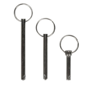 Three Locking Pin M6 quick release pins of varying lengths with attached circular rings, arranged vertically on a white background.