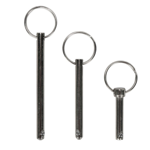 Three Locking Pin M6 quick release pins of varying lengths with attached circular rings, arranged vertically on a white background.