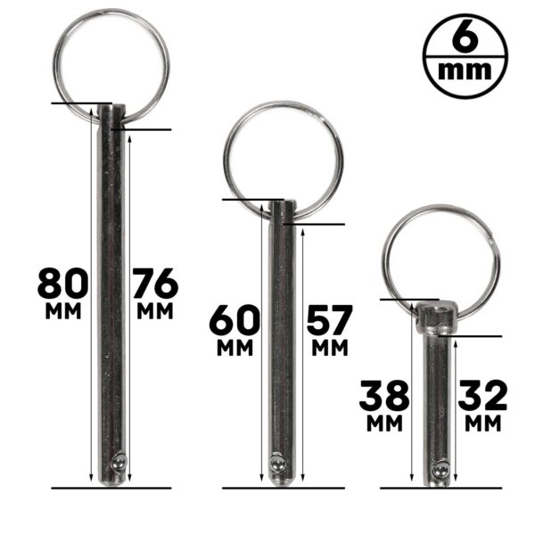 Three Locking Pin M6 with rings are shown in varying sizes. Left: 80mm length, 6mm diameter. Center: 60mm length, 6mm diameter. Right: 38mm length, 6mm diameter. Measurements are in millimeters.