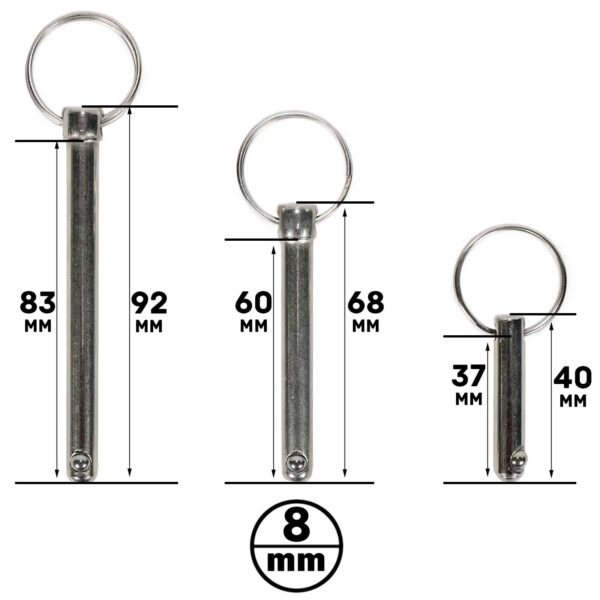 Three Locking Pin M8 detent pins with circular rings are displayed vertically. Their lengths are 92mm, 68mm, and 40mm, with each pin having a diameter of 8mm.