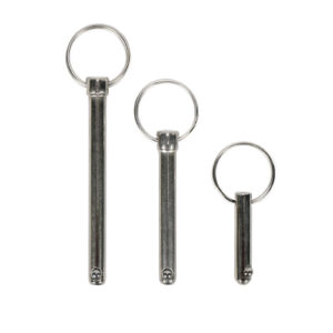 Three Locking Pin M8 key rings in silver tone are vertically aligned on a white backdrop, varying in size from largest on the left to smallest on the right.