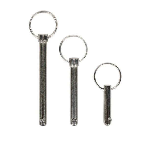 Three Locking Pin M8 key rings in silver tone are vertically aligned on a white backdrop, varying in size from largest on the left to smallest on the right.