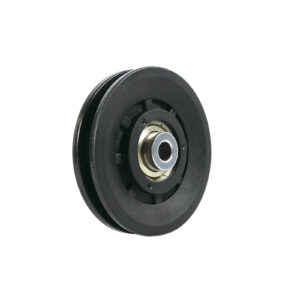 The Cable Pulley 90 mm, made of black plastic with a central metal bearing, is displayed against a white background.