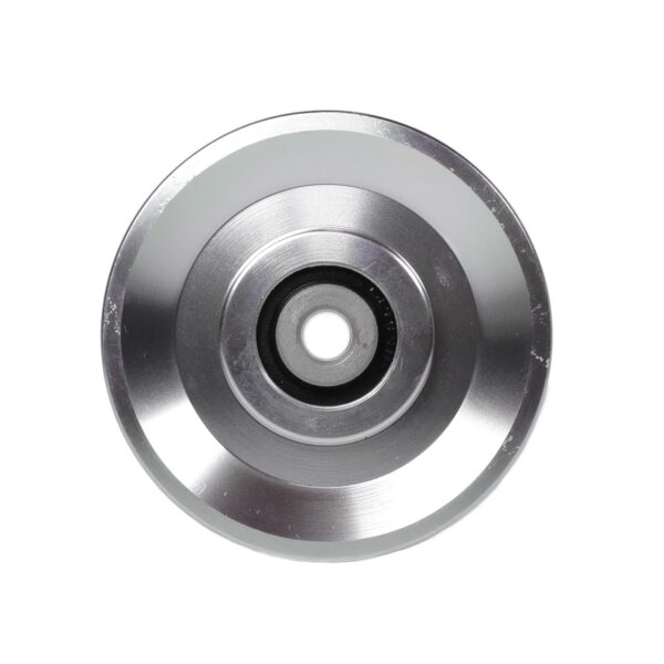 The 90mm Aluminium Pulley showcases a smooth, circular design with a central mounting hole. Its polished finish reflects light, exhibiting subtle gray and silver tones.