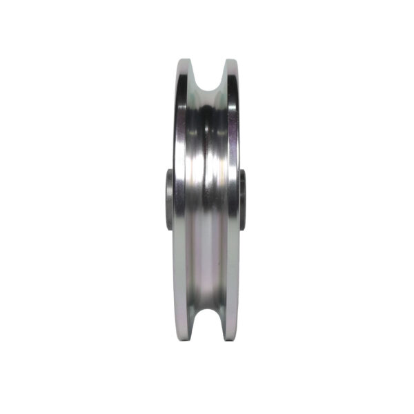 A close-up side view of the 90mm Aluminium Pulley with a grooved edge against a white background, showcasing its shiny and reflective surface.