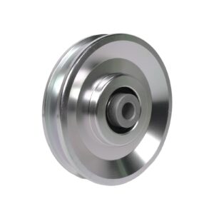 A close-up of the 90mm Aluminium Pulley reveals a shiny, smooth metallic surface with a central black component. Its circular with a slightly raised outer edge, ideal for transmitting motion in mechanical systems.
