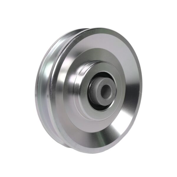 A close-up of the 90mm Aluminium Pulley reveals a shiny, smooth metallic surface with a central black component. Its circular with a slightly raised outer edge, ideal for transmitting motion in mechanical systems.