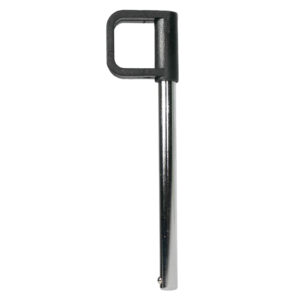The Locking Pin 115mm D10mm features a smooth, silver metal pin with a square black plastic handle that includes a rectangular opening. The pin is cylindrical and has a small indent near the bottom.