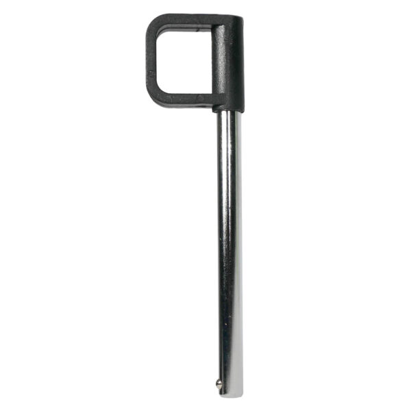 The Locking Pin 115mm D10mm features a smooth, silver metal pin with a square black plastic handle that includes a rectangular opening. The pin is cylindrical and has a small indent near the bottom.