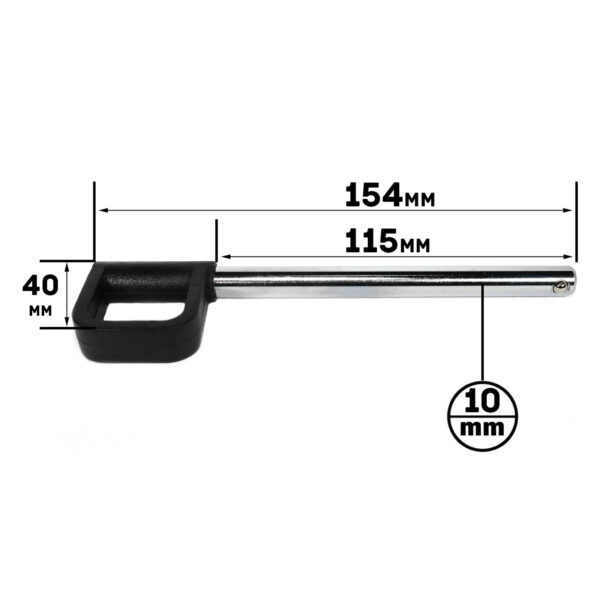 The Locking Pin 115mm D10mm is a metal tool measuring 154mm in length, with a square-shaped handle thats 40mm high and 115mm long, and it has a diameter of 10mm on the other end.