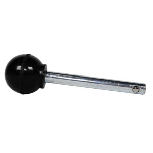 The Locking Pin 70mm D8mm, featuring a round black knob on one end and a small hole near the other, is displayed against a white background, showcasing its shiny metal finish.