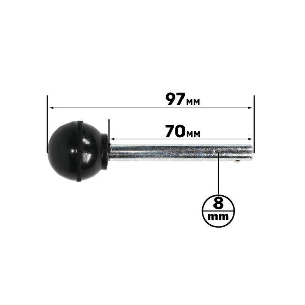 The Locking Pin 70mm D8mm is a metal rod with a black spherical knob, measuring 97mm in total length. The section leading to the knob is 70mm long, with an 8mm diameter and measurements marked in black text.