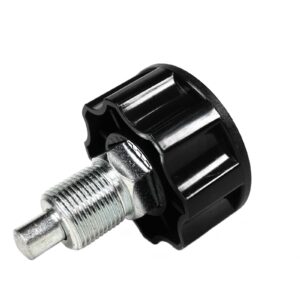 A close-up image of the Pop Pin M20 30mm SCREW shows a threaded metal knob with a textured black plastic cap, featuring a ribbed design for grip. The shiny metal reflects light, highlighting its texture and threading against a white background.