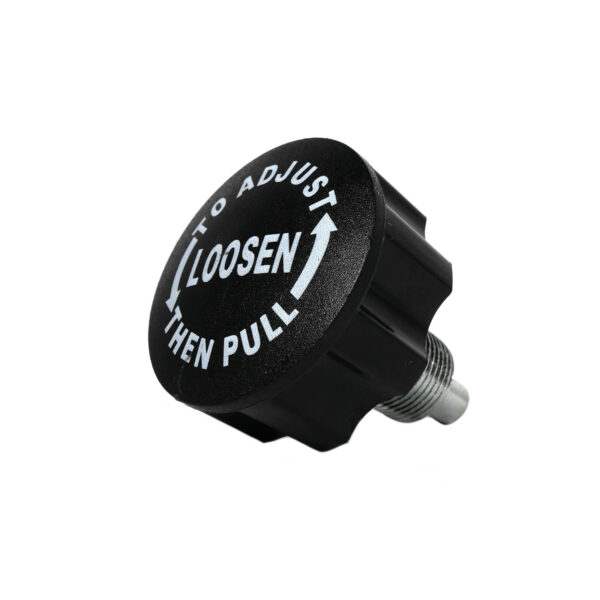 The Pop Pin M20 30mm SCREW is a black knob with directional arrows and the label TO ADJUST LOOSEN THEN PULL. It features a ridged edge and a threaded metal attachment.
