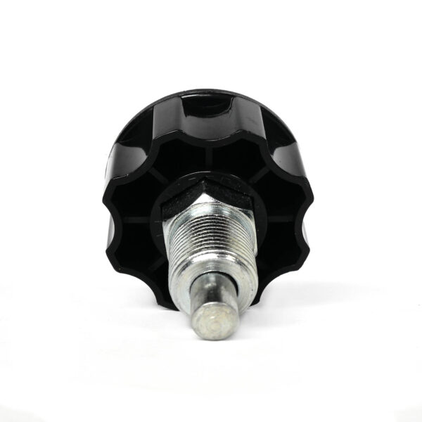 Close-up of a Pop Pin M20 30mm SCREW featuring a grooved black knob and a cylindrical metal threaded bolt, centered on a white background.