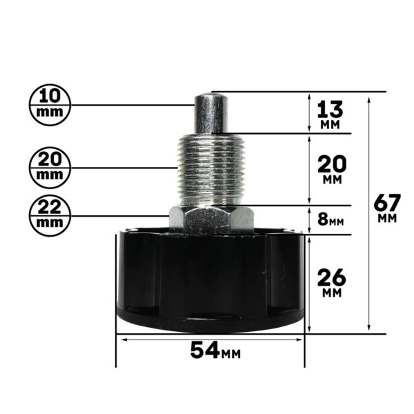 Close-up of a Pop Pin M20 30mm SCREW featuring a metal fastener with a black plastic base. Dimensions in millimeters: top-width 10, height above threads 13, thread width 22 and length 20, total height 67, base height 26, and base diameter 54.