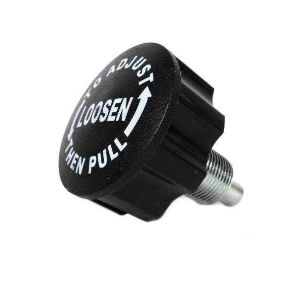 The Pop Pin M20 30mm SCREW features a black, serrated edge knob with a metal threaded end. The top is labeled TO ADJUST LOOSEN THEN PULL along with a circular arrow showing the loosening direction.