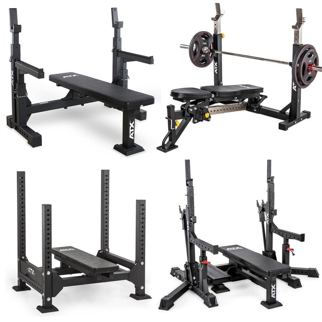 A collage of four gym bench setups, including a flat bench and an adjustable bench with a loaded barbell, captures the essence of a Bench Press Buyers Guide. The sleek designs feature black with white and red detailing, complemented by a sturdy squat rack and decline bench with safety bars.