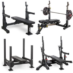 A collage of four gym bench setups, including a flat bench and an adjustable bench with a loaded barbell, captures the essence of a Bench Press Buyers Guide. The sleek designs feature black with white and red detailing, complemented by a sturdy squat rack and decline bench with safety bars.