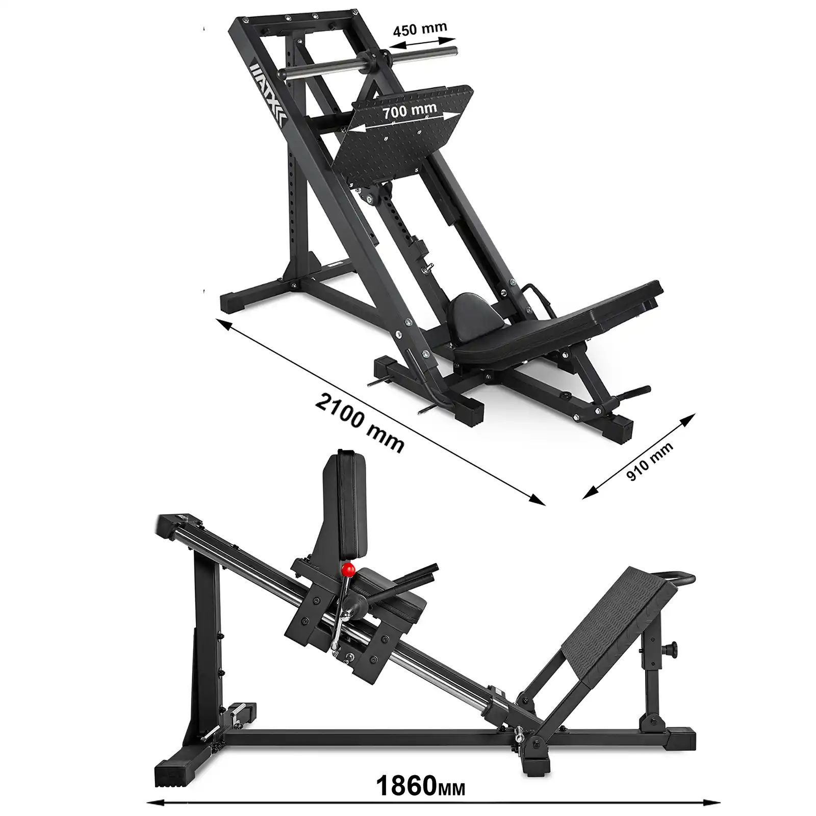 The black ATX Compact Leg Press features a sleek sled design with dimensions labeled: vertical length 2100mm, width 910mm, and horizontal length 1860mm. It boasts adjustable seating and backrest, showcased in side and front-facing angles for optimal viewing.