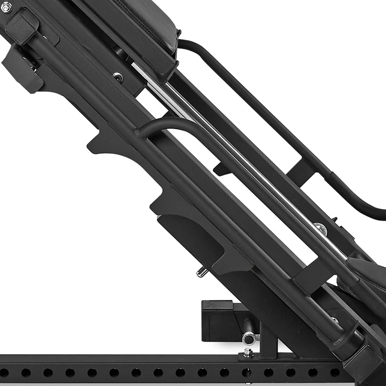 Close-up of the ATX® Leg Press/Hack Squat 4in1 Combo, featuring a black metal frame ideal for combining exercises. Its incline mechanism and support bars highlight sturdy construction against a white background.