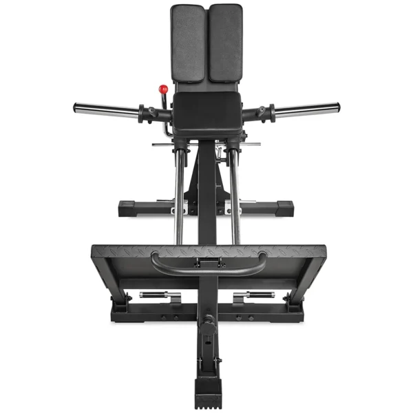 Gym equipment for performing calf raises, featuring a foot platform, cushioned thigh supports, and handles for stability. The sturdy metal frame is inspired by the ATX Compact Leg Press design with adjustable components for user comfort and safety.