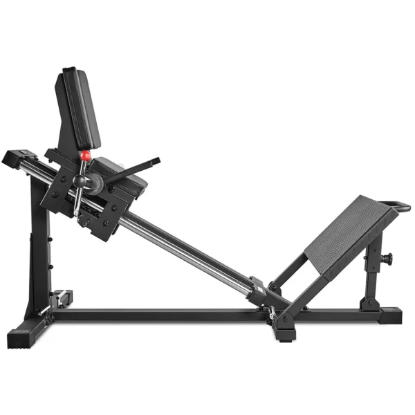 Side view of a black ATX Compact Leg Press machine featuring an adjustable sled, padded backrest, footplate, and sliding seat. Ideal for strength training in a gym or home workout setting.