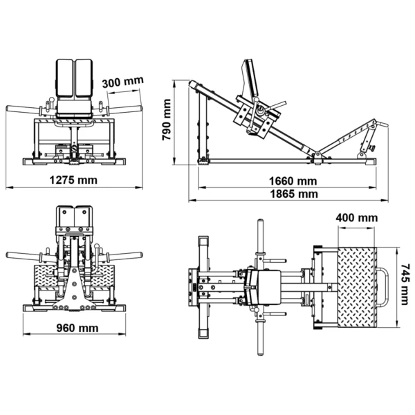 The technical diagram showcases the ATX Compact Leg Press, detailing dimensions like a side view height of 790 mm. The front view measures 1275 mm wide and 960 mm deep. Additional views reveal components and measurements of this sleek sled leg press design.