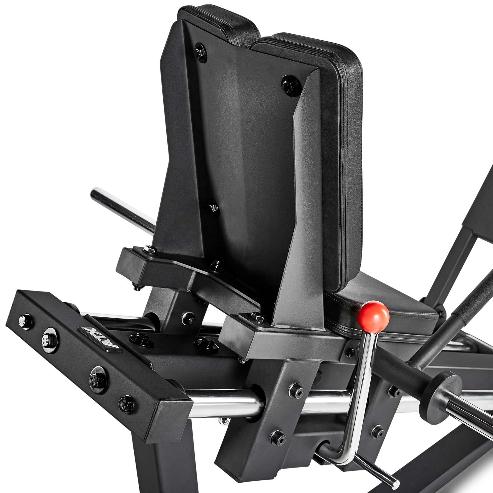 The close-up of the ATX Compact Leg Press showcases its modern design with black padding and sleek metal components. A red adjustment handle highlights its functionality, ensuring it’s perfect for strength training exercises with the sled leg press mechanism.