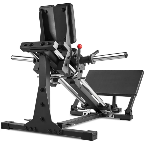 Image of an ATX Compact Leg Press with a padded backrest, metal frame, and footplate. The sled leg press machine features weight plate holders on both sides and a red handle for adjustment. It is set against a white background.