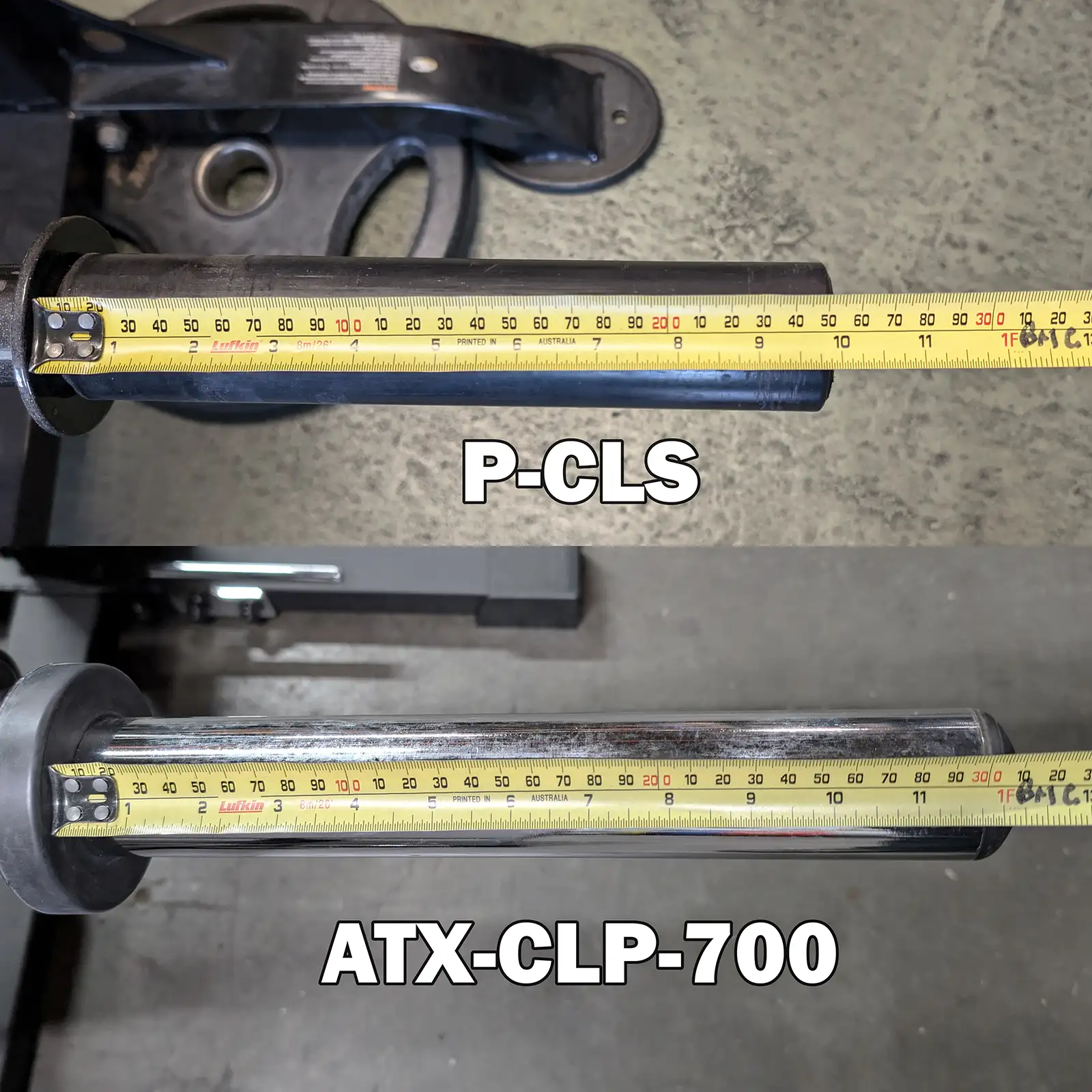 Two images display metal sleeves with a tape measure stretched across them. The top image labeled P-CLS contrasts with the bottom ATX-CLP-700, showcasing their length differences. This comparison highlights features ideal for sled leg press adaptations in an ATX Compact Leg Press setup.