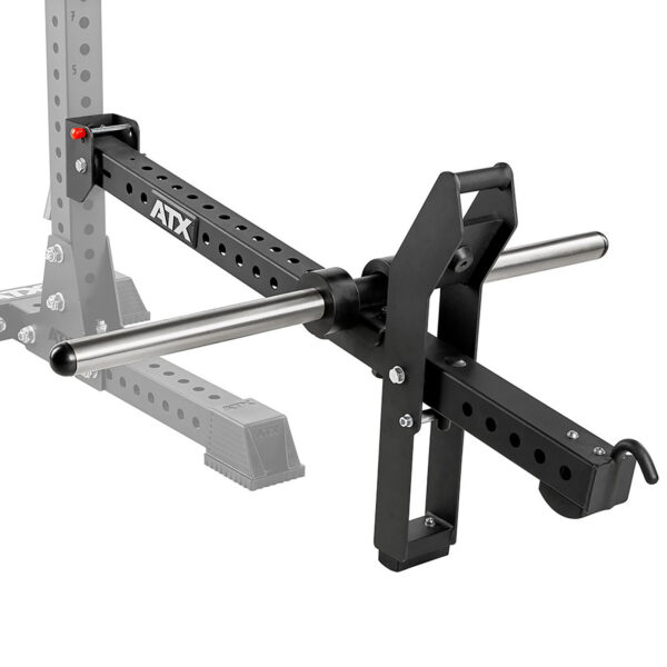 Close-up of the ATX® Belt Squat Option, a black fitness equipment attachment with multiple adjustment holes and two silver handles, partially mounted on a rack in a faded background.